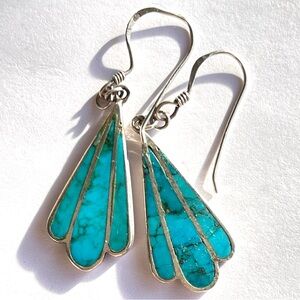 Vintage Southwestern Turquoise Fan Dangle Earrings Sterling Silver